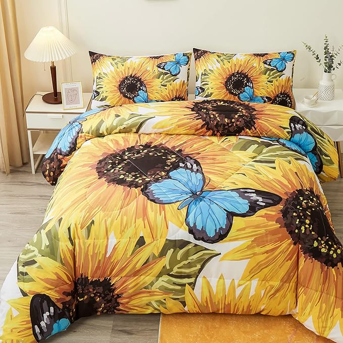 Sunflower Comforter Sets,Beautiful Seamless Pattern with Sunflower Blue Butterflies on White Background,Decorative Bedding Comforter Sets with 2 Pillow Shams, Queen Size - LeafyLoom