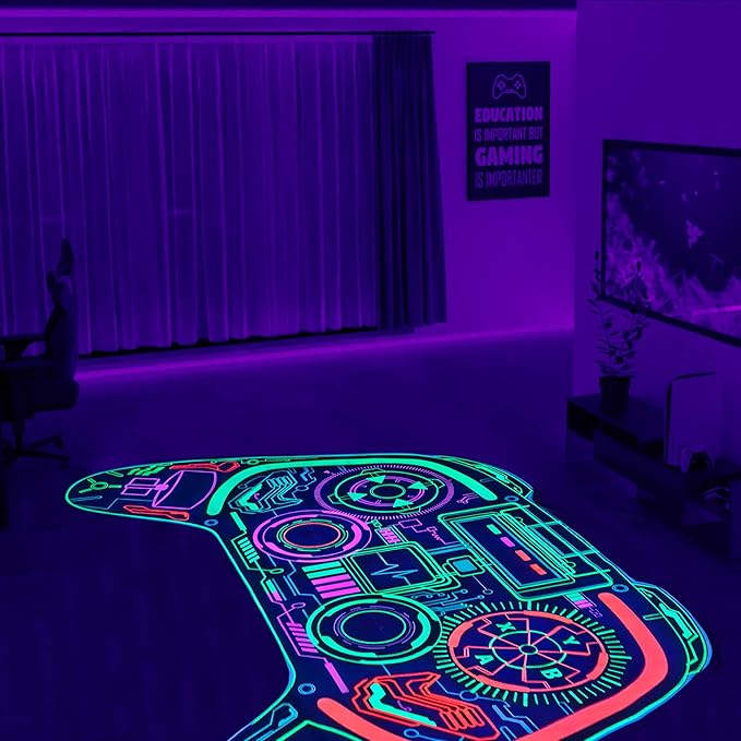 Gaming Rug for Boys Room Decor, Gamer Rugs Glow in The Blacklight Video Game Carpet Teens Playroom Non-Slip Area Rug Game Bedroom Floor Casual Mat (60"x39") - LeafyLoom