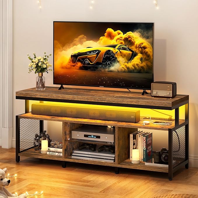 YITAHOME TV Stands for Living Room, Entertainment Center w/Power Outlets, Television Stands w/Open Storage, Small LED TV Stand for 50inch TV, Retro Brown - LeafyLoom