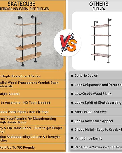 Industrial Shelves - 4 Tier Industrial Decor Pipe Bookcase Using 7 Ply Skateboard Decks - Natural Wood Stain Finish - Perfect Bathroom Wall Decor, Book Shelf for Skateboard Enthusiasts - LeafyLoom