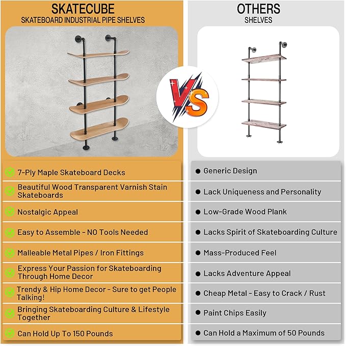 Industrial Shelves - 4 Tier Industrial Decor Pipe Bookcase Using 7 Ply Skateboard Decks - Natural Wood Stain Finish - Perfect Bathroom Wall Decor, Book Shelf for Skateboard Enthusiasts - LeafyLoom