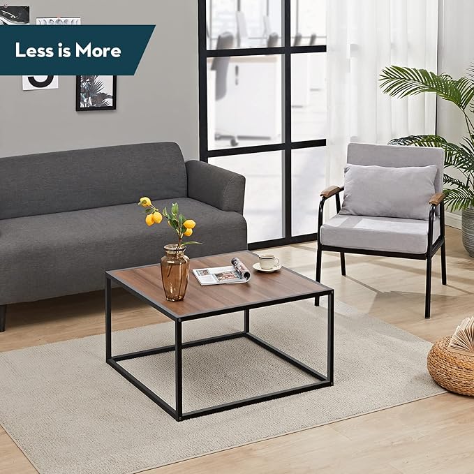 SAYGOER Farmhouse Coffee Table Rustic Wood Coffee Tables Mid Century Modern Coffe Tables for Small Spaces Simple Square Low Center Table for Living Room Home Office Boho Style, Walnut - LeafyLoom