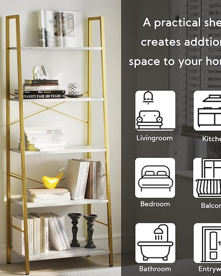 Yusong Ladder Shelf, 5-Tier Bookshelf Wood Bookcase for Living Room, Industrial Book Shelves, Tall Storage Display Rack Plant Stand for Bedoom, Home Office, Gold Metal Frame and White Marble Plank - LeafyLoom