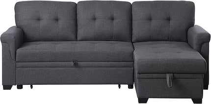 84 inch L-Shape Sectional Sleeper Couches with Chaise Storage and Pull, 3 Seater Sofa Bed w/Tufted Linen Backrest for Living Spaces Apartment Dorm, Gray, Dark Grey - LeafyLoom