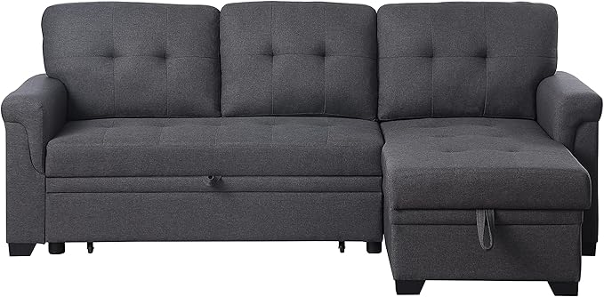 84 inch L-Shape Sectional Sleeper Couches with Chaise Storage and Pull, 3 Seater Sofa Bed w/Tufted Linen Backrest for Living Spaces Apartment Dorm, Gray, Dark Grey - LeafyLoom