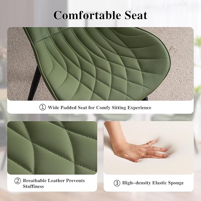 YOUNIKE Dining Chairs Set of 2, Upholstered Faux Leather Kitchen Dining Room Chairs, Modern Living Room Bedroom Side Chairs with Wide Curved Back and Metal Legs, Olive Green - LeafyLoom