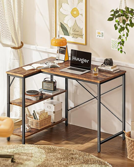 L Shaped Desk, 39 Inches Computer Desk with Reversible Storage Shelves, Gaming Desk, Corner Desk Home Office Desks, Writing Desk Study Desk with Metal Frame, Rustic Brown - LeafyLoom