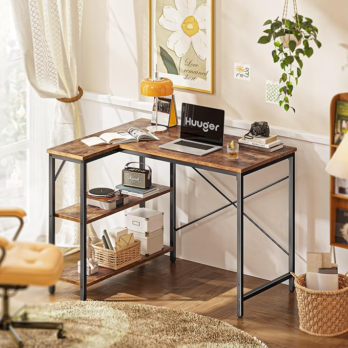 L Shaped Desk, 39 Inches Computer Desk with Reversible Storage Shelves, Gaming Desk, Corner Desk Home Office Desks, Writing Desk Study Desk with Metal Frame, Rustic Brown - LeafyLoom
