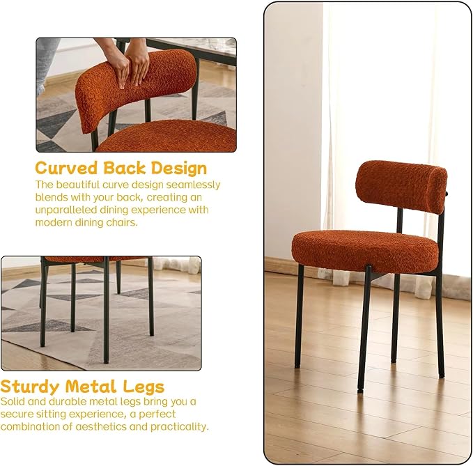 EDWELL Orange Dining Chairs Set of 4, Mid-Century Modern Dining Room Chairs with Thick Cushion, Round Upholstered Boucle Chairs for Kitchen, Living Room, Armless Kitchen Chairs with Black Metal Legs - LeafyLoom