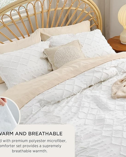 Bedsure Oversized King Comforter - White Comforter Set, Boho Tufted Shabby Chic Bedding Comforter Set, 3 Pieces Farmhouse Bed Set for All Seasons, Fluffy Soft Bedding Set with 2 Pillow Shams - LeafyLoom