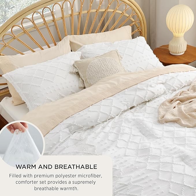 Bedsure Oversized King Comforter - White Comforter Set, Boho Tufted Shabby Chic Bedding Comforter Set, 3 Pieces Farmhouse Bed Set for All Seasons, Fluffy Soft Bedding Set with 2 Pillow Shams - LeafyLoom