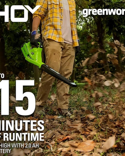 Greenworks 40V Leaf Blower/Sweeper, 150 MPH, Lightweight, Quiet, with 2.0 Ah Battery and Charger - LeafyLoom