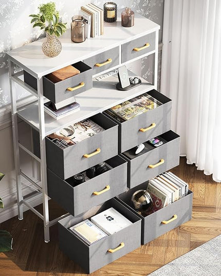 AODK Dresser with Charging Station, 52 Inches Tall Dresser for Bedroom with 9 Storage Drawers, Large Fabric Dressers for Living Room, Hallway, Light Grey - LeafyLoom