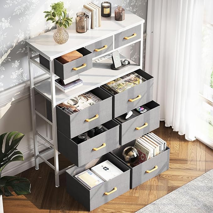 AODK Dresser with Charging Station, 52 Inches Tall Dresser for Bedroom with 9 Storage Drawers, Large Fabric Dressers for Living Room, Hallway, Light Grey - LeafyLoom