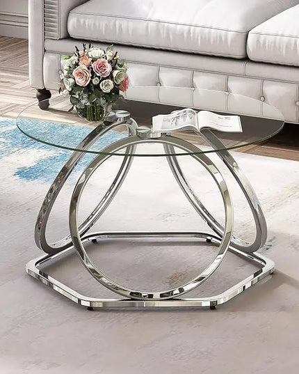 O&K FURNITURE Glass Coffee Table, Modern Silver Coffee Table Living Room Table with Hexagonal Base, Round Coffee Table for Home&Office, Chrome Finish, 1 PC - LeafyLoom