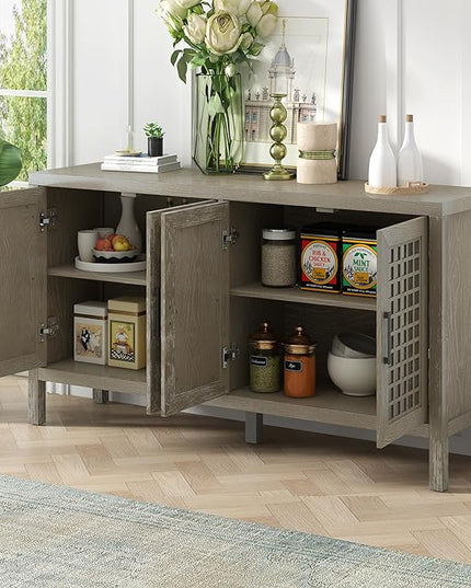 Merax Sideboard Buffet Cabinet, with Storage and 4 Mirror Doors, Retro Farmhouse Style, for Living, Dining Room and Kitchen, Grey - LeafyLoom