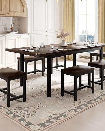 Feonase 7-Piece Dining Table Set with 6 Stools, 63" Large Extendable Kitchen Table Set for 4-8, Mid-Century Dining Room Table with Heavy-Duty Frame, Easy Assembly, Espresso - LeafyLoom