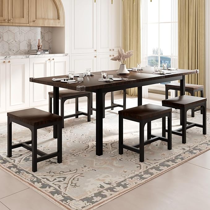 Feonase 7-Piece Dining Table Set with 6 Stools, 63" Large Extendable Kitchen Table Set for 4-8, Mid-Century Dining Room Table with Heavy-Duty Frame, Easy Assembly, Espresso - LeafyLoom
