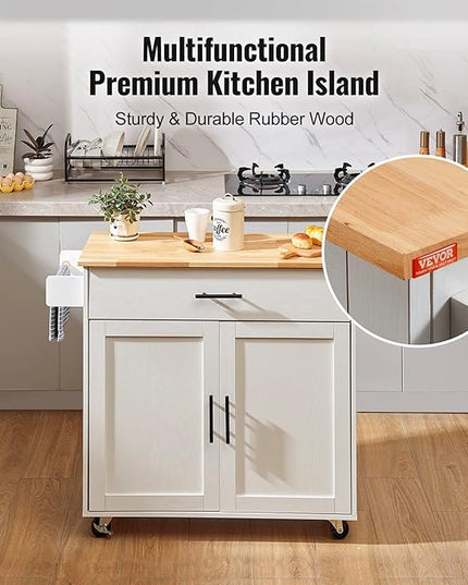 VEVOR Kitchen Island Cart with Solid Wood Top, 35.4" Width Mobile Carts with Storage Cabinet, Rolling Kitchen Table with Spice Rack, Towel Rack, Drop Leaf and Drawer, Portable Islands on Wheels, White - LeafyLoom