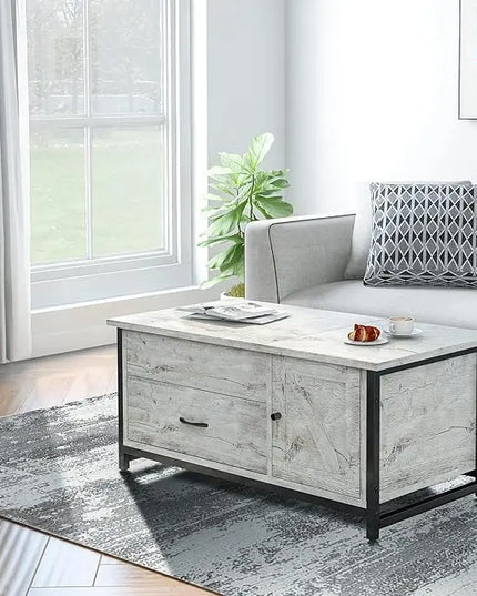 FABATO 41.7" Lift Top Coffee Table with Storage Drawer& Hidden Compartment Barn Door Cabinet Center Console Table for Living Room Farmhouse Industrial Wood (Gray) - LeafyLoom