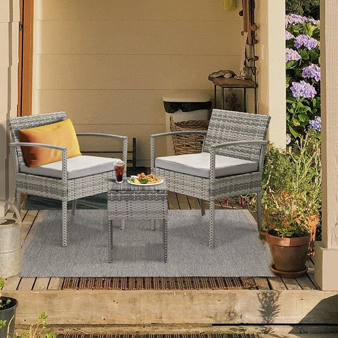 3 Pieces Patio Furniture Set, Balcony Furniture, Patio Bistro Set All-Weather Wicker Chairs Conversation Set with Cushions Table for Outdoor Backyard Porch Lawn (Grey-Grey) - LeafyLoom