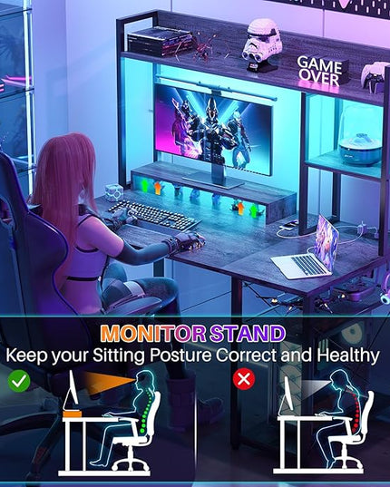 Cyclysio Gaming Desk with Hutch, 39'' Computer Desk with LED Lights & Power Outlets, Home Office Desk with Reversible 5 Tiers Storage Shelves & Monitor Stand, Small Gaming Table for Small Space, Grey - LeafyLoom