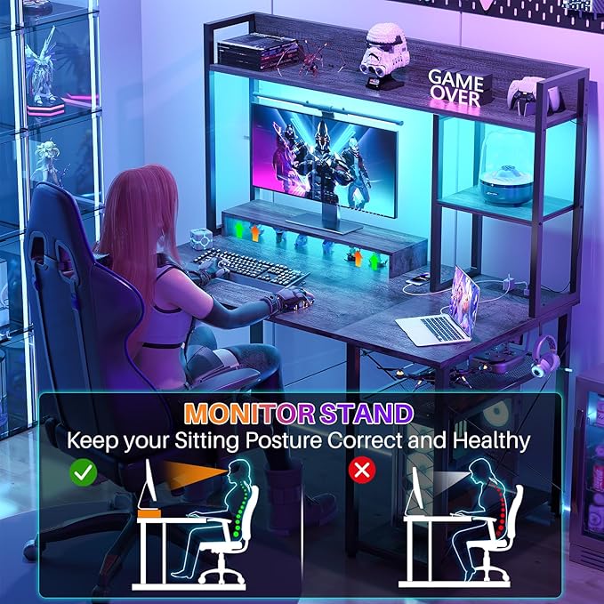 Cyclysio Gaming Desk with Hutch, 39'' Computer Desk with LED Lights & Power Outlets, Home Office Desk with Reversible 5 Tiers Storage Shelves & Monitor Stand, Small Gaming Table for Small Space, Grey - LeafyLoom