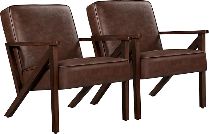 Yaheetech Accent Chair, Armchair with Strong Wood Frame, PU Leather Modern Retro Lounge Chair for Living Room/Lounge/Office/Reception Area, 2 Pieces, Dark Brown - LeafyLoom