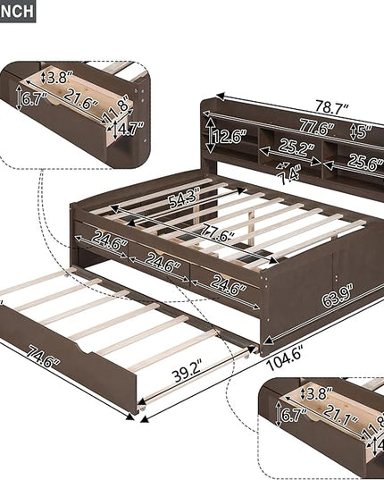 Wooden Full Size Captain Bed with Built-in Bookshelves, Full Daybed Frame with 3 Storage Drawers and Trundle, Antique Gray - LeafyLoom