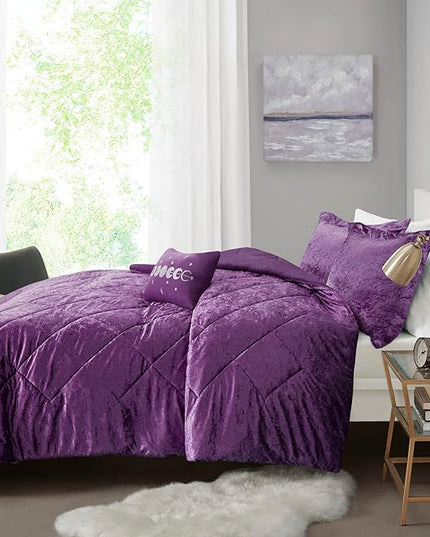 Intelligent Design Queen Comforter Set, Velvet Comforter Set , Luxury Diamond Quilting Comforter Set, Fluffy Comforter Bed Set with Decorative Pillowand 2 Shams, 4 Piece Purple, Full/Queen - LeafyLoom