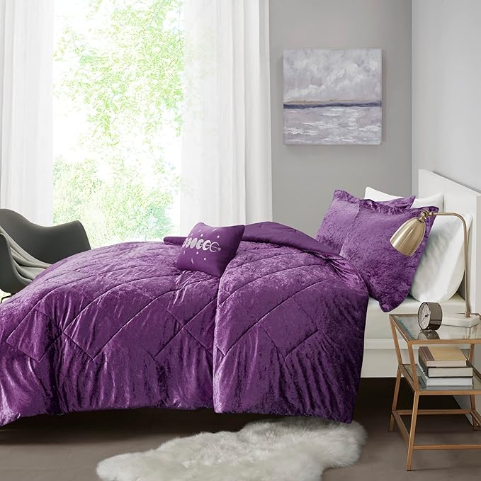 Intelligent Design Queen Comforter Set, Velvet Comforter Set , Luxury Diamond Quilting Comforter Set, Fluffy Comforter Bed Set with Decorative Pillowand 2 Shams, 4 Piece Purple, Full/Queen - LeafyLoom