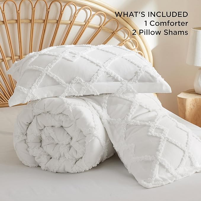 Bedsure Boho Comforter Set King - White Tufted Bedding Comforter Set, 3 Pieces Farmhouse Shabby Chic Embroidery Bed Set, Soft Fluffy Geometric Pattern Comforter for All Seasons - LeafyLoom