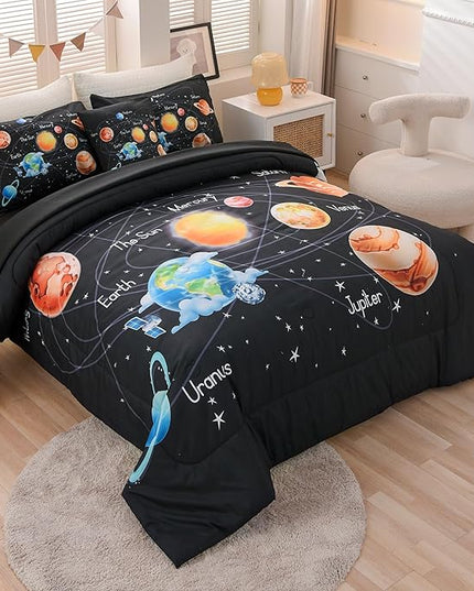 6 Pcs Solar System Comforter Set Full Outer Space Bedding Set Universe Planets Theme Comforter for Boys Kids Ultra-Soft (1 Comforter, 2 Pillowcases, 1 Flat Sheet, 1 Fitted Sheet,1 Pillowcover) - LeafyLoom