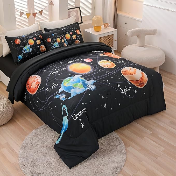 6 Pcs Solar System Comforter Set Full Outer Space Bedding Set Universe Planets Theme Comforter for Boys Kids Ultra-Soft (1 Comforter, 2 Pillowcases, 1 Flat Sheet, 1 Fitted Sheet,1 Pillowcover) - LeafyLoom
