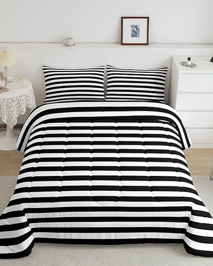 Striped Comforter Set Black and White Stripe Bedding Set Twin Kids Boys Girls Women Men Farmhouse Ticking Stripes Duvet Set Modern Geometric Lines Adults Abstract Gothic Home Decor Soft Reversible - LeafyLoom