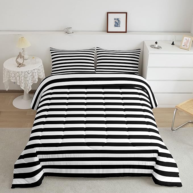 Striped Comforter Set Black and White Stripe Bedding Set Twin Kids Boys Girls Women Men Farmhouse Ticking Stripes Duvet Set Modern Geometric Lines Adults Abstract Gothic Home Decor Soft Reversible - LeafyLoom