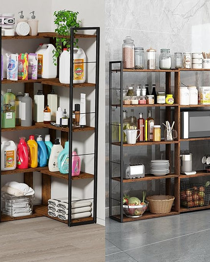 5 Tier Bookshelf Wood Bookcase with 2 Hooks Modern Corner Bookshelf Library Industrial Shelving Book Case Adjustable Book Shelves for Bedroom Living Room Home Office Rustic Brown - LeafyLoom