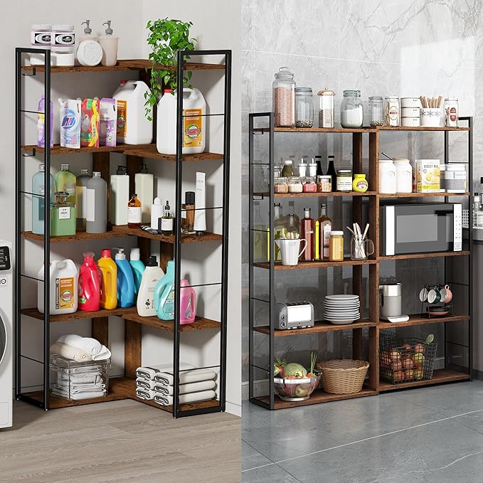 5 Tier Bookshelf Wood Bookcase with 2 Hooks Modern Corner Bookshelf Library Industrial Shelving Book Case Adjustable Book Shelves for Bedroom Living Room Home Office Rustic Brown - LeafyLoom