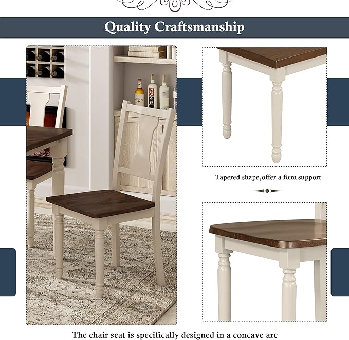 Classic Elegant & Modern Design, Including Wooden 4 Chairs and 1 Bench, Easy to Assemble, for Kitchen, Playroom, Home Bar, Brown+Cottage White, 6 Piece Dining Table Set - LeafyLoom