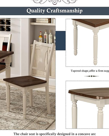 6-Piece Classic Rectangle Wooden Dining Table Set with 4 Chairs and Bench for Kitchen, Brown + Cottage White, 60" L x 35.8" W x 30" H - LeafyLoom