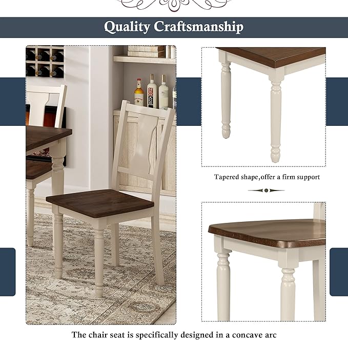 Dining Table Set for 6, Classic 6-Piece Dining Room Table Set with 4 Chairs and Bench, Kitchen Table Set for Dining Room and Living Room, Brown+Cottage White - LeafyLoom