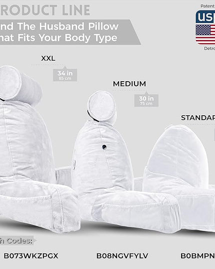 Husband Pillow XXL White Backrest with Arms - Adult Reading Pillow Shredded Memory Foam, Ultra-Comfy Removable Microplush Cover & Detachable Neck Roll, Unmatched Support for Bed Rest Sit Up Pillow - LeafyLoom