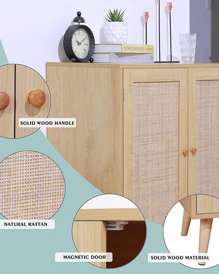 Sideboard Buffet Cabinet with Storage, Kitchen Storage Cabinet with Rattan Doors, Rattan Cabinet with Adjustable Shelves for Hallway, Living Room, 31.5 x 15.7 x 35 Natural, Assemble Easily - LeafyLoom