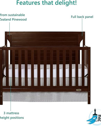 Cape Cod 5-in-1 Convertible Crib in Espresso, Greenguard Gold Certified, 55x30x44.5 Inch (Pack of 1) - LeafyLoom