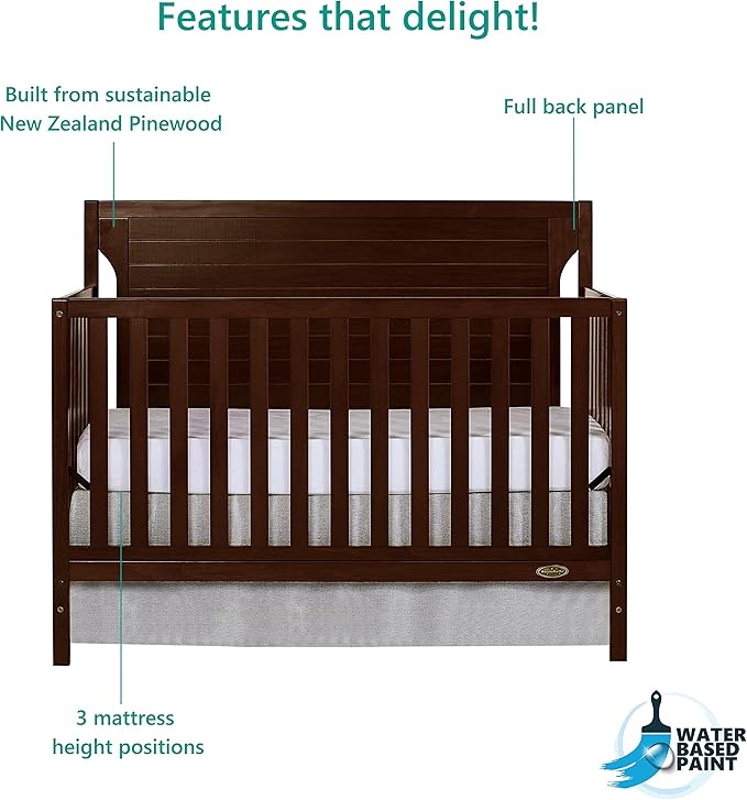 Cape Cod 5-in-1 Convertible Crib in Espresso, Greenguard Gold Certified, 55x30x44.5 Inch (Pack of 1) - LeafyLoom