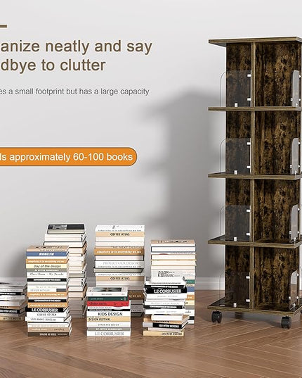 VECELO Rotating Bookshelf with Brake Wheels, 360°Display 4 Tier Floor Stackable Spinning-Bookshelf Tower for Kids&Adults, Revolving Bookcase for Small Space,Corner(Brown) - LeafyLoom