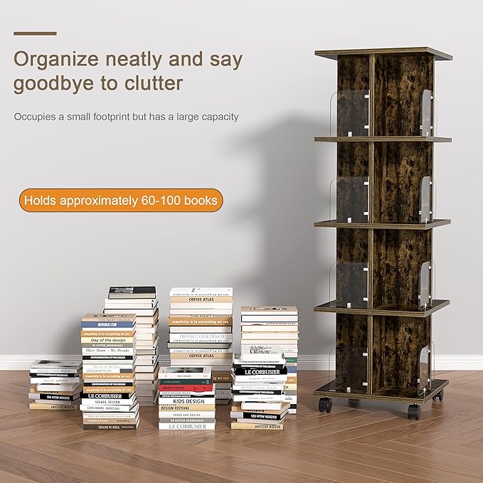 VECELO 4-Tier Rolling Bookshelf, Mobile Book Rack with Acrylic Windows, Storage Organizer Holder with Wheels for Bedroom, Living Room Home and Office, Space Saving, Brown - LeafyLoom