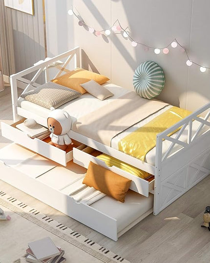 Twin Daybed with Storage Drawers and Trundle Bed, Wood Twin Size Captain’s Bed Frame for Bedroom Living Room Guest Room, White - LeafyLoom
