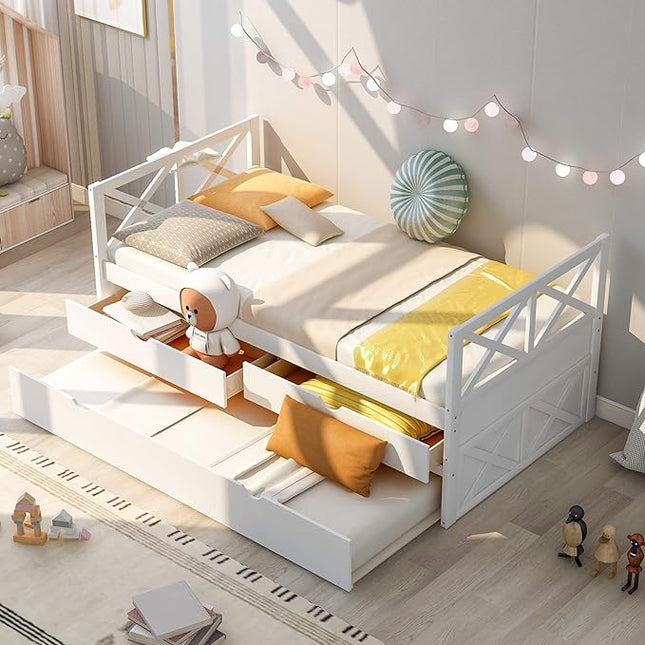 Twin Daybed with Storage Drawers and Trundle Bed, Wood Twin Size Captain’s Bed Frame for Bedroom Living Room Guest Room, White - LeafyLoom