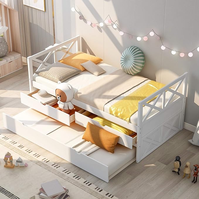 Twin Daybed with Storage Drawers and Trundle Bed, Wood Twin Size Captain’s Bed Frame for Bedroom Living Room Guest Room, White - LeafyLoom